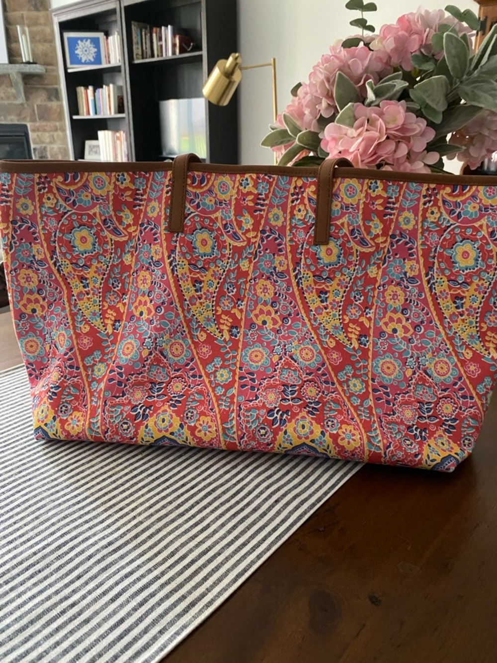 Talbots Pink/coral and blue floral tote with chambray lining